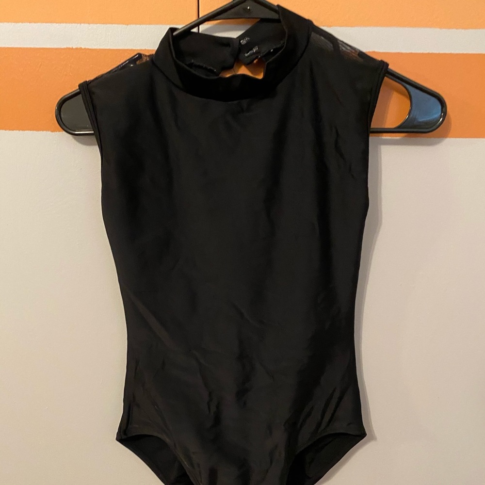 Vitality mock neck open back black ballet leotard
